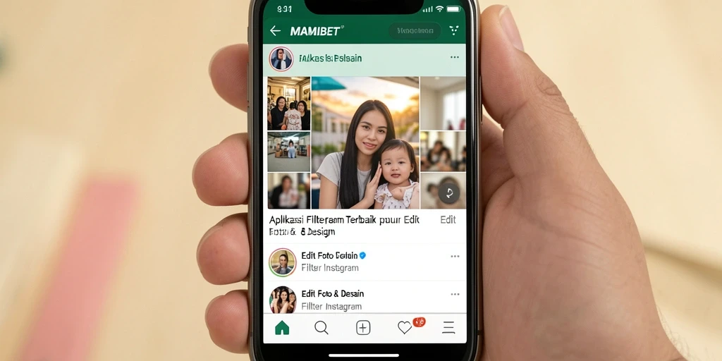 Tampilan antarmuka aplikasi MAMIBET dengan berbagai filter Instagram.