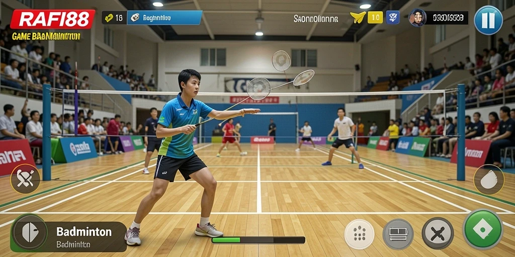 Tampilan antarmuka permainan Badminton yang menarik dan interaktif.